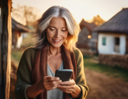 A senior woman with gray hair smiles while using her smartphone outside a rustic home at sunset.の素材