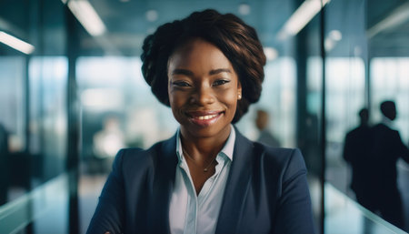 A confident professional stands in a sleek office space, embodying empowerment and success.の素材