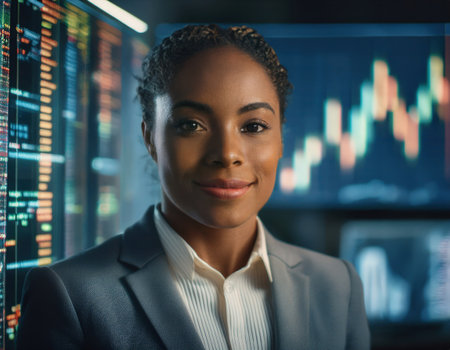 female professional in business attire analyzes market trends with digital data displays behind her.の素材