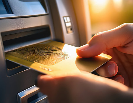 A hand inserts a sleek card into an ATM, illustrating modern finance in action during sunset.の素材