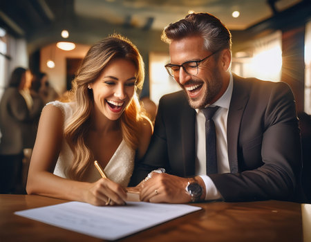 A cheerful newlyweds signing important documents at a cozy restaurant during sunsetの素材