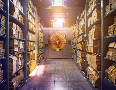 A creative depiction of a secure bank vault filled with financial records and documents.の素材