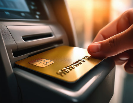 A hand inserts a gold card into an ATM while the sun sets, creating a warm and inviting atmosphere.の素材