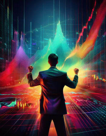 A businessman stands confidently, observing dynamic financial data trends lit in vibrant colors.の素材