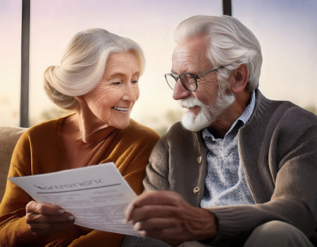 An elderly couple smiles as they review financial papers in their sunny living room.の素材