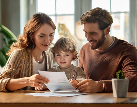 Parents engage with their young child while reviewing financial papers at their home.の素材