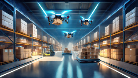 Drones and robots efficiently handle packages in a vibrant, futuristic warehouse.の素材