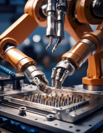 Robotic arms skillfully handle intricate parts, highlighting advancements in automation tech.の素材