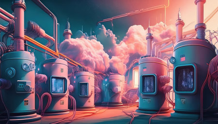 Colorful machinery and robust systems highlight advanced automation in a modern industry.の素材