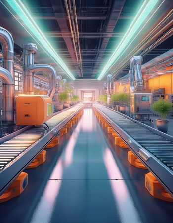 A modern facility has advanced conveyor systems and vibrant colors lighting the space.の素材