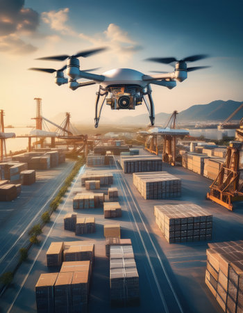 Drones hover over a busy shipping yard, boosting efficiency during sunset.の素材