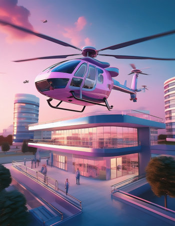 A helicopter hovers over a modern city with futuristic architecture and automation.の素材