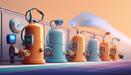 Advanced robots are displayed in a lively industrial setting, highlighting innovation and progress.の素材