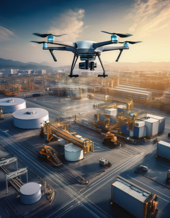 A drone hovers over a lively industrial area, highlighting advanced automation and innovation.の素材