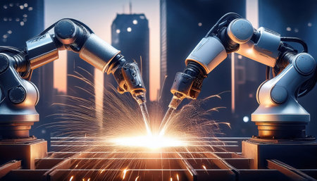 Robotic arms work in harmony to create innovative structures in a vibrant, futuristic cityscape.の素材
