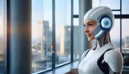 Futuristic robots stand ready in a skyline, showcasing advancements in automation and discovery.の素材