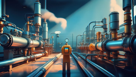 A robotic engineer studies advanced machinery in a futuristic, automated industrial setting.の素材