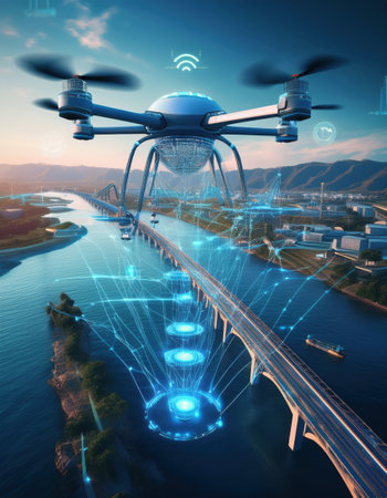 Advanced drone flies over a river, linking industries with cutting edge automation.の素材