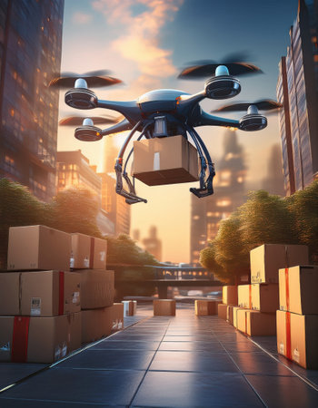Future city adorned with automated drones delivering packages in a vibrant, bustling environment.の素材