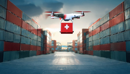 A drone transports healthcare supplies above shipping containers in a vibrant industrial setting.の素材