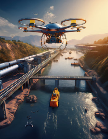 Drones navigate busy waterways, boosting industrial automation with vibrant technology.の素材