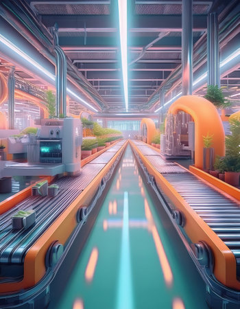 A vibrant futuristic space with bright conveyor belts and robots improving industrial tasks.の素材