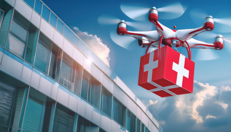 A sleek drone with medical supplies hovers above a healthcare facility under a vibrant sky.の素材