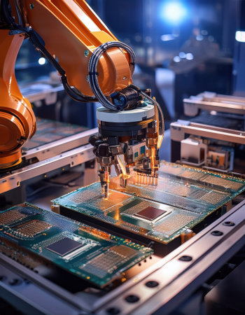 A robotic arm assembles detailed circuit boards in a vibrant modern industrial facility.の素材