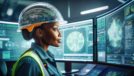 A determined professional observes multiple screens displaying advanced industrial automation data.の素材