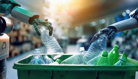 Robots sort plastic bottles in a modern facility, highlighting advanced automation.の素材