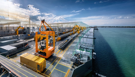 Robotic arms and automated machinery enhance production efficiency at a modern industrial site.の素材