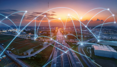 A vibrant skyline at sunset showcases advanced industrial automation and connectivity.の素材