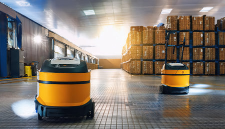 Robots navigate a bright, modern warehouse filled with boxes, highlighting advanced technology.の素材