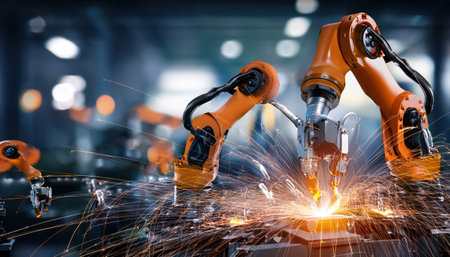 Advanced robots work together to create sparks of innovation in a modern factory setting.の素材