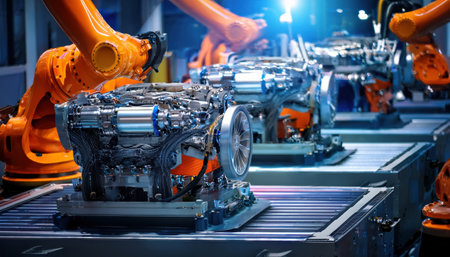 Robotic arms precisely assemble advanced engines in a modern industrial setting.の素材