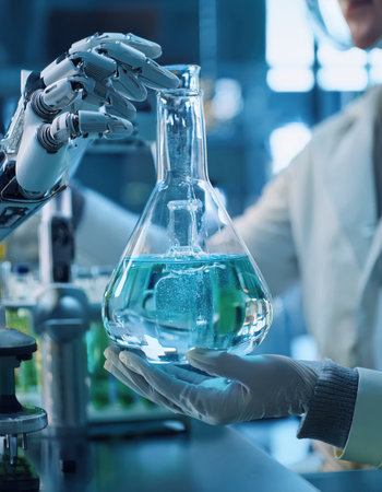 A lab features a robotic arm aiding chemical experiments, showcasing innovation and automation.の素材