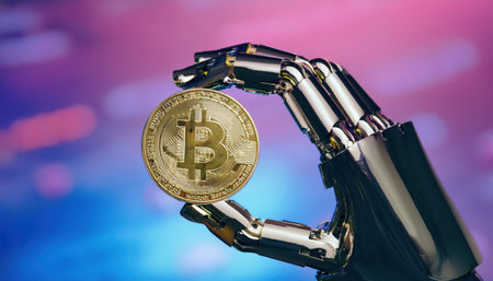 A robotic hand holds a bitcoin, symbolizing the merge of technology and finance today.の素材