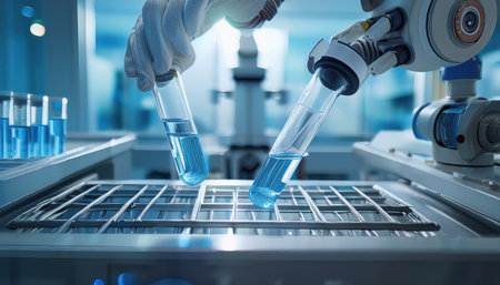 Advanced robots meticulously analyze liquid samples in a high tech lab.の素材