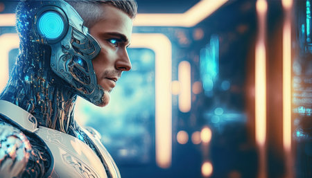 Humanoid robot with intricate designs handles automation tasks in a vibrant, futuristic setting.の素材