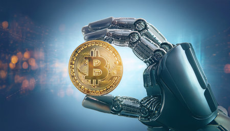 A robotic hand holds a bright bitcoin symbol, showcasing advances in automation and tech.の素材