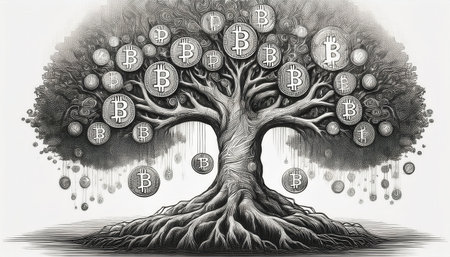 A vivid illustration shows a tree flourishing with bitcoins, blending nature and digital finance.の素材