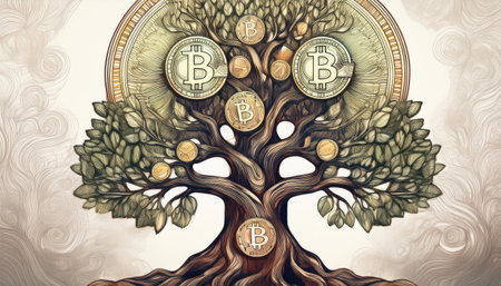 A vibrant tree with coin-adorned branches symbolizes the thriving world of crypto and blockchain.の素材