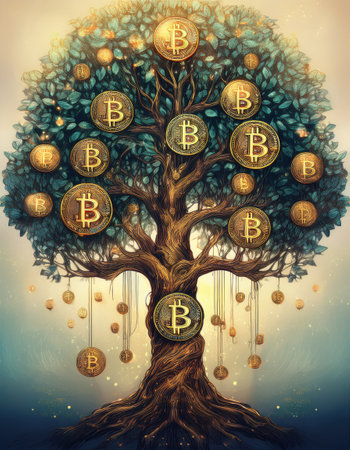 A grand tree shines with coins, symbolizing cryptocurrency in a dreamlike setting.の素材