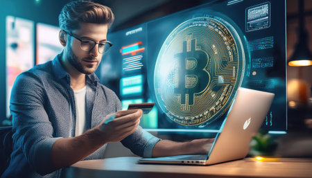 A person engages with cryptocurrency concepts while using a laptop, showcasing financial potential.の素材