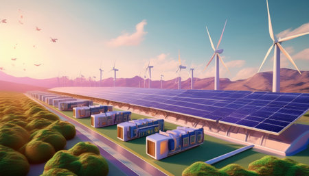 Vibrant illustration of renewable energy systems using innovative cryptocurrency technology.の素材