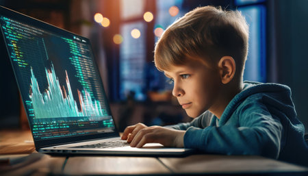 A young boy intently studies cryptocurrency data on a laptop, immersed in digital finance.の素材