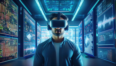 A person explores cryptocurrency in a vibrant virtual reality environment.の素材