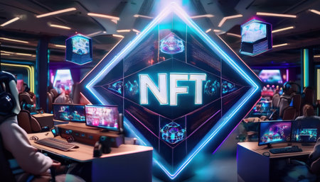 A vibrant digital space showcases cryptocurrency concepts and blockchain technology.の素材