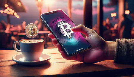 A hand holds a smartphone displaying a digital currency while a bitcoin hovers above a coffee cup.の素材