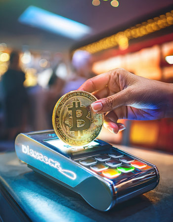 A hand holding a cryptocurrency token, bitcoin, engages with a payment terminal in a lively atmosphere.の素材